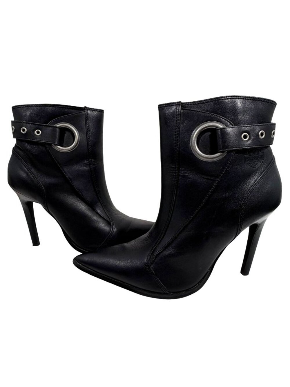 Harley Davidson Black Leather High Heel Ankle Boots Womens SZ 8 Silver Buckle